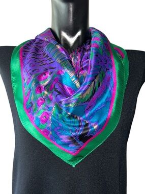 HONEY 100% Silk Scarf Jewel Tones Peacock Feathers  Made in Japan Vintage